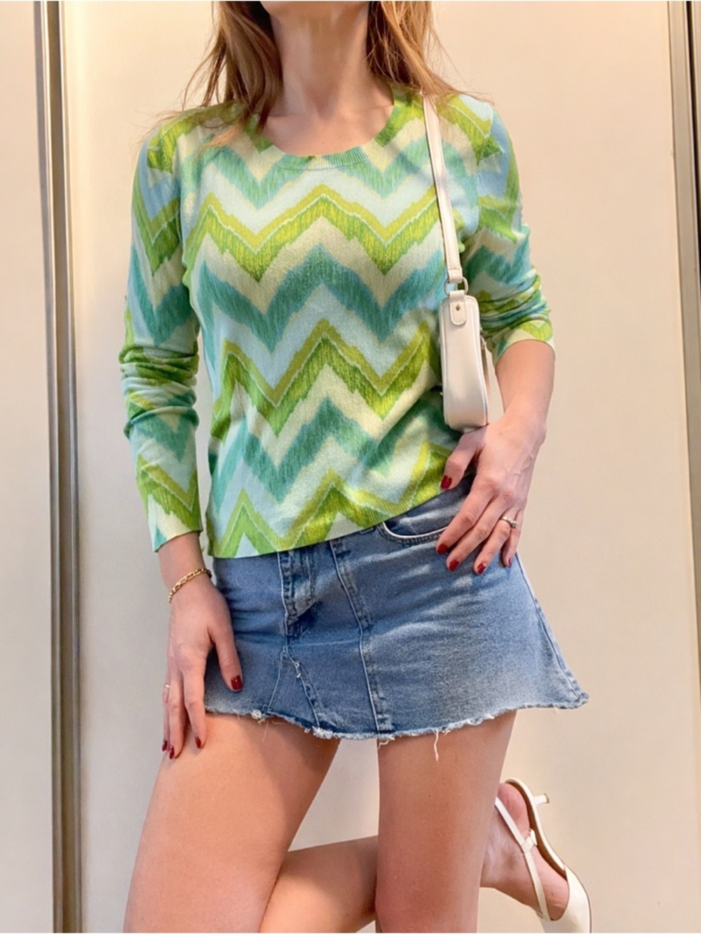 Y2K Chevron Teal Green Cotton Preppy Clueless Style Sweater Size L